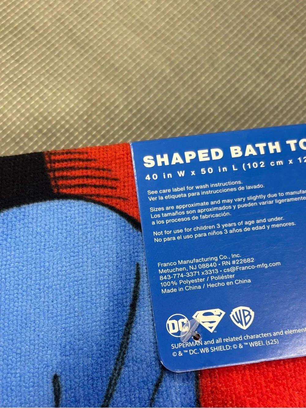 DC Superman Shaped BathTowel in Blue, Red, Yellow 40in W x 50in L New